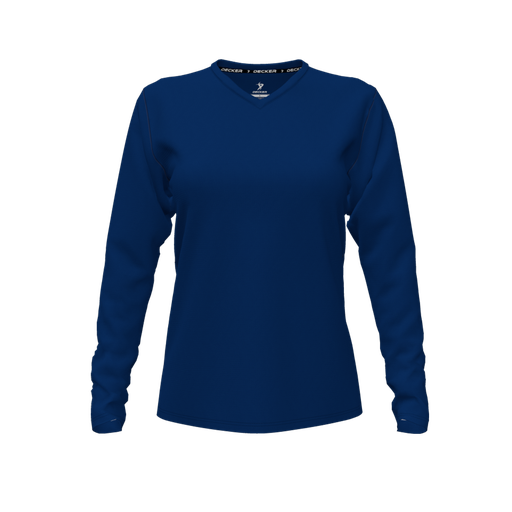 [CUS-DFW-TEES-CMF-VNK-LSL-NVY-FYXS-LOGO1] Decker Comfort T-Shirt (Female Youth XS, Navy, V Neck, Logo 1, Long Sleeve)